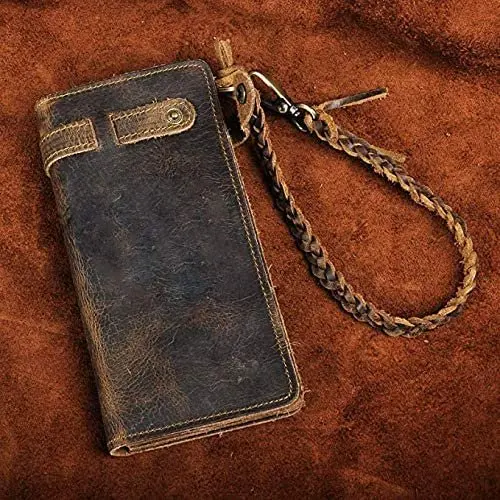 Le'aokuu Mens Genuine  Bifold Organizer Checkbook Chain Card Case Wallet Brown