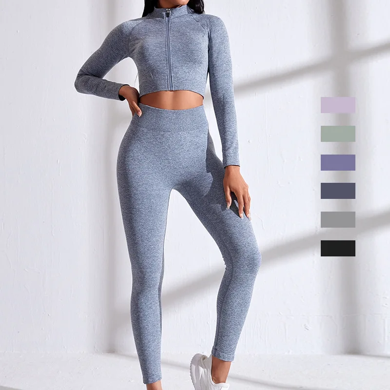 

Casual Women 2 Piece Set Yoga Suit Women's Training Suit 2022 Spring Autumn Zipper Tight Tops & High Waist Sports Fitness Suit