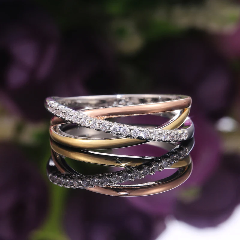

New Trendy Creative 3 Colors Cross Twine Rings For Women Shine Single Row CZ Stone Inlay Fashion Jewelry Daily Wear Party Gift