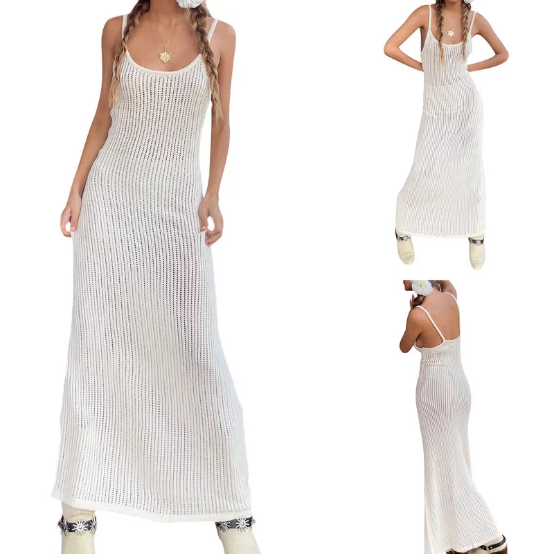 

Women Knitted Cutout Long Dress Solid Color Sleeveless Backless Sling Dress Summer Casual Fashion Beach Party Dress Party