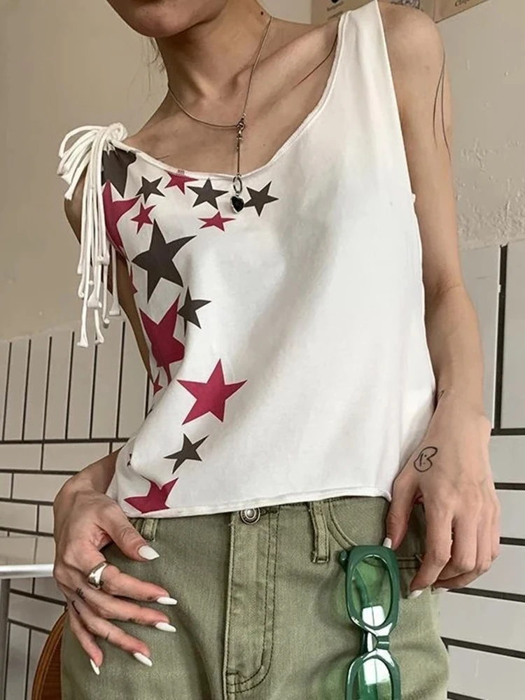 

Korean Fashion Woman Tshirts Women Bandage Vest y2k clothes Crop tops Mujer V-neck Sleeveless Vintage Star Print Punk T Shirt