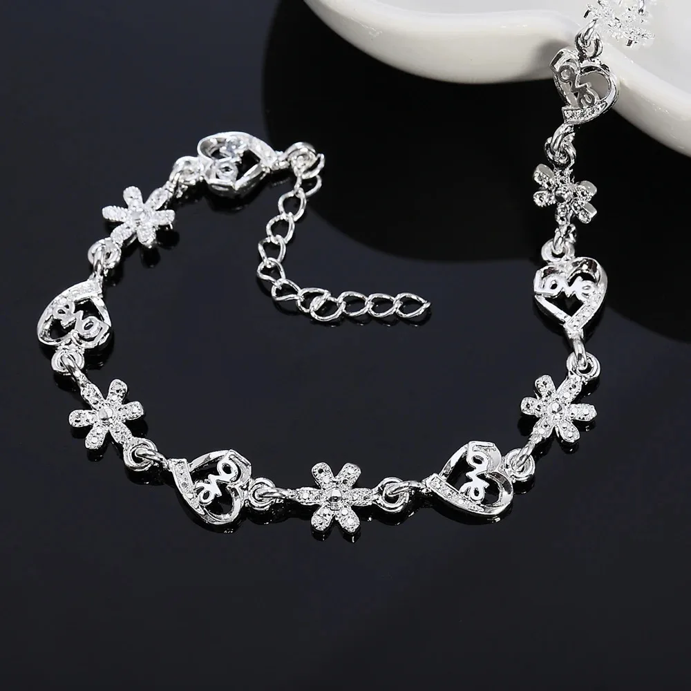 

Hot Fine Silver Bracelet Fashion Crystal Romantic Heart Flower Chain For Woman Wedding Accessories Designer Jewelry