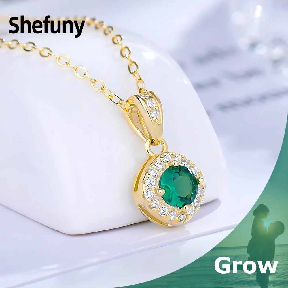 

Shefuny 925 Sterling Silver Vintage Emerald Zirconia Pendant Chain Round Gold Color Necklace For Women Fine Jewelry Party Gift