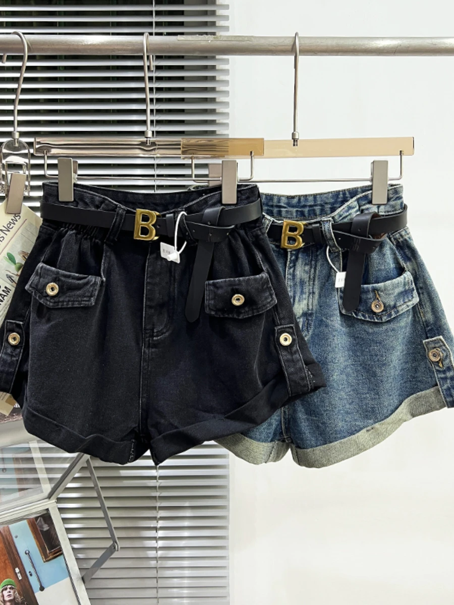 Letter B Belt Curling Wide Leg Shorts Women 2023 New Spring Summer Loose Pockets Denim Shorts Female Pantalones Cortos De Mujer