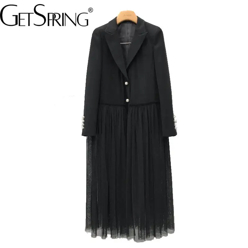 

GetSpring Women Dress Mesh Stitched Notched Collar Single Breasted Full Sleeve Loose Long Black Blazer Dresses Autumn Winter New