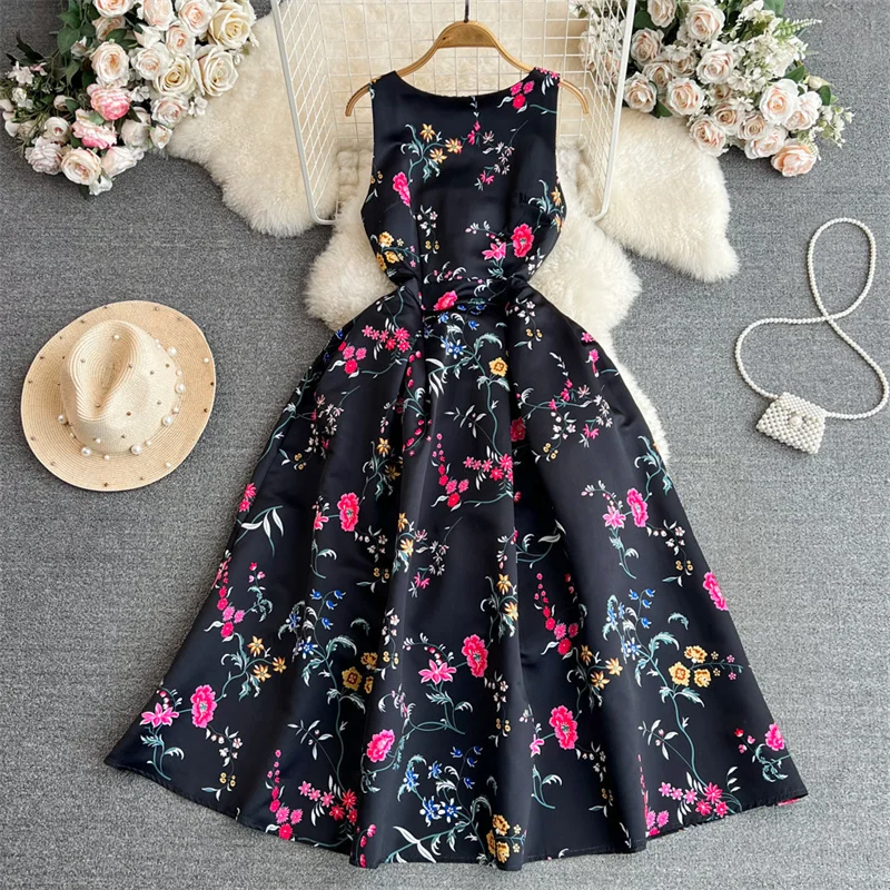 

Fashion Flower Print Slim Mid-Length Black Sleeveless Dress Summer Women High Waist Round Neck Ladies Dresses Elegant Vestidos