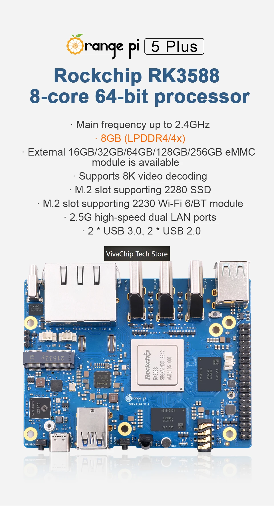 Фото VivaChip TechOrange Pi 5 Plus 8GB V1.5.1 Одноплатный компьютер RK3588 с двумя портами Ethernet 2.5G, поддержкой PCIE, ОС Android, Ubuntu, Debian №2