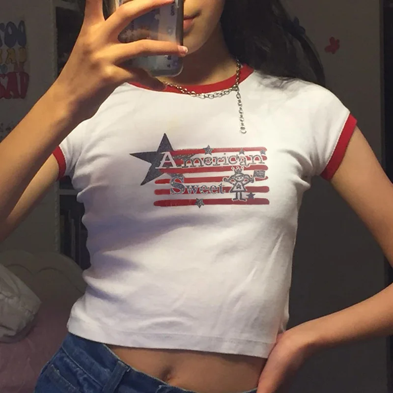 

Y2k Crop T Shirts American Sweet Fashion Women Crop Top Harajuku Streetwear Slim Tshirt Summer Sexy Party Femme Womens Clothes