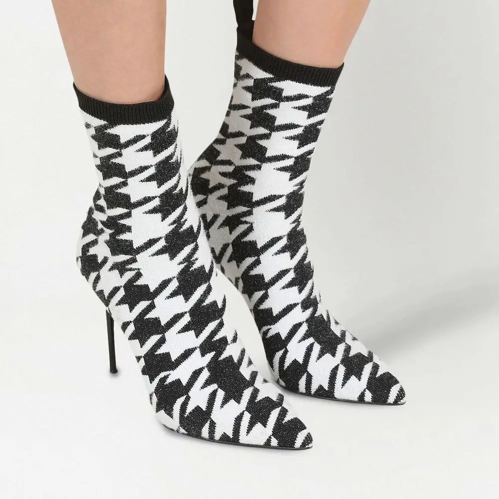 

Ankle Elastic Boots Swallow Gird Pattern Pointed Toe Knitting Weave Stiletto High Heels Women Winter Boots Designer party