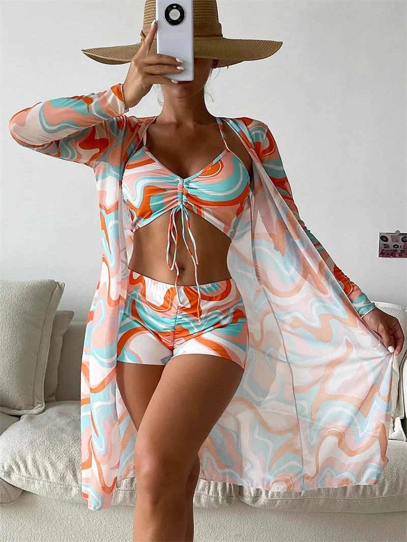 

Summer Beach Vacation Lace-up Bikini Separate Three Piece Set Women's High Waist Long Sleeve Sun Protection Cover-ups Female New