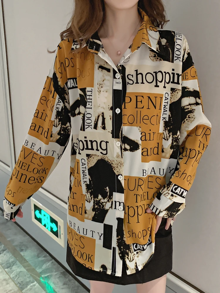 Женские рубашки с длинным рукавом и гонконгским принтом новинка 2024 ретро