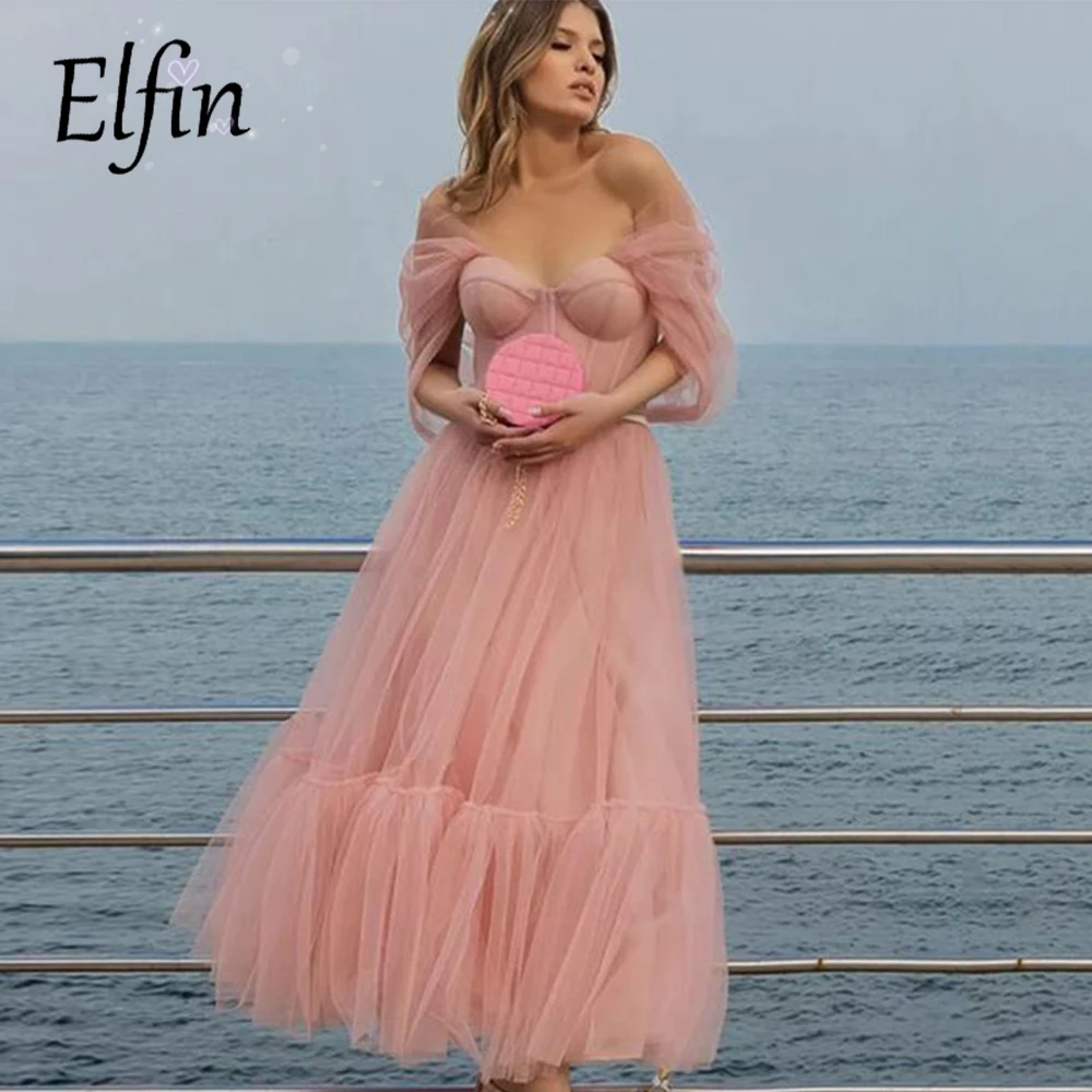 

Elfin Dirty Pink Short Prom Dresses 2022 Off Shoulder A-Line Party Dresses Pleated Tea-Length Tulle Corsset Formal Gown