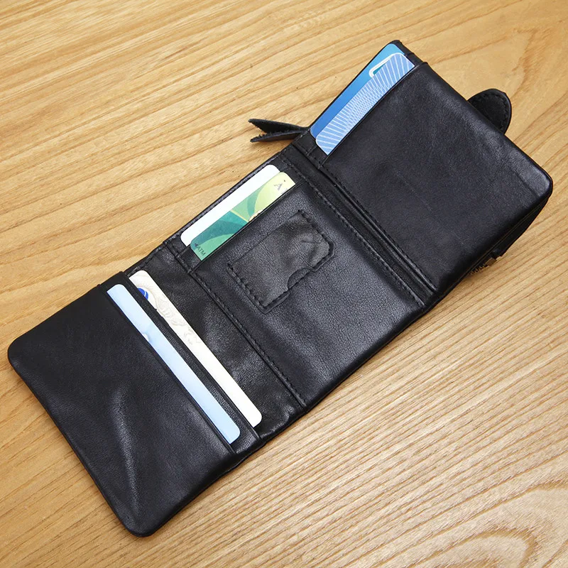 First layer cowhide mini large capacity men's women's small wallet soft natural genuine leather student short black coin purse