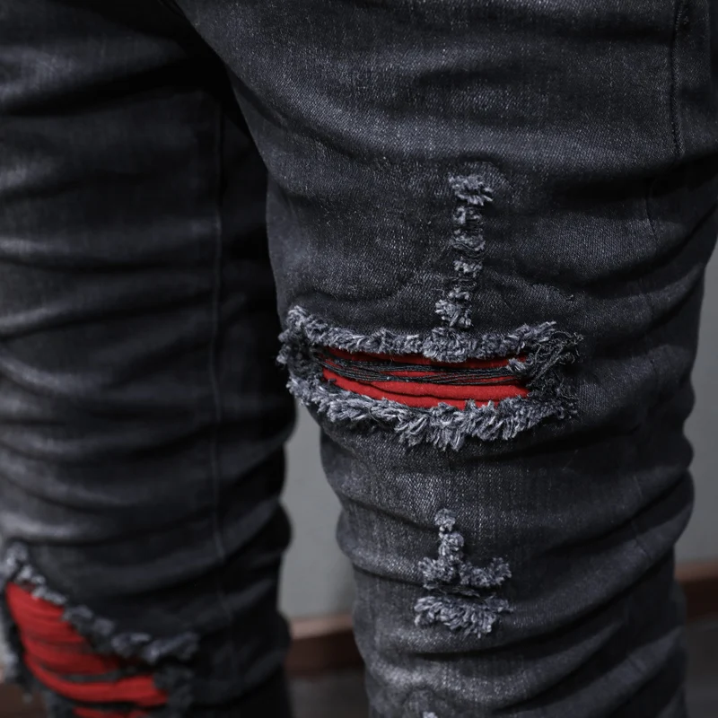 High Street Fashion Men Jeans Retro Black Gray Stretch Skinny Ripped Jeans Men Red Patched Designer Hip Hop Brand Pants Hombre