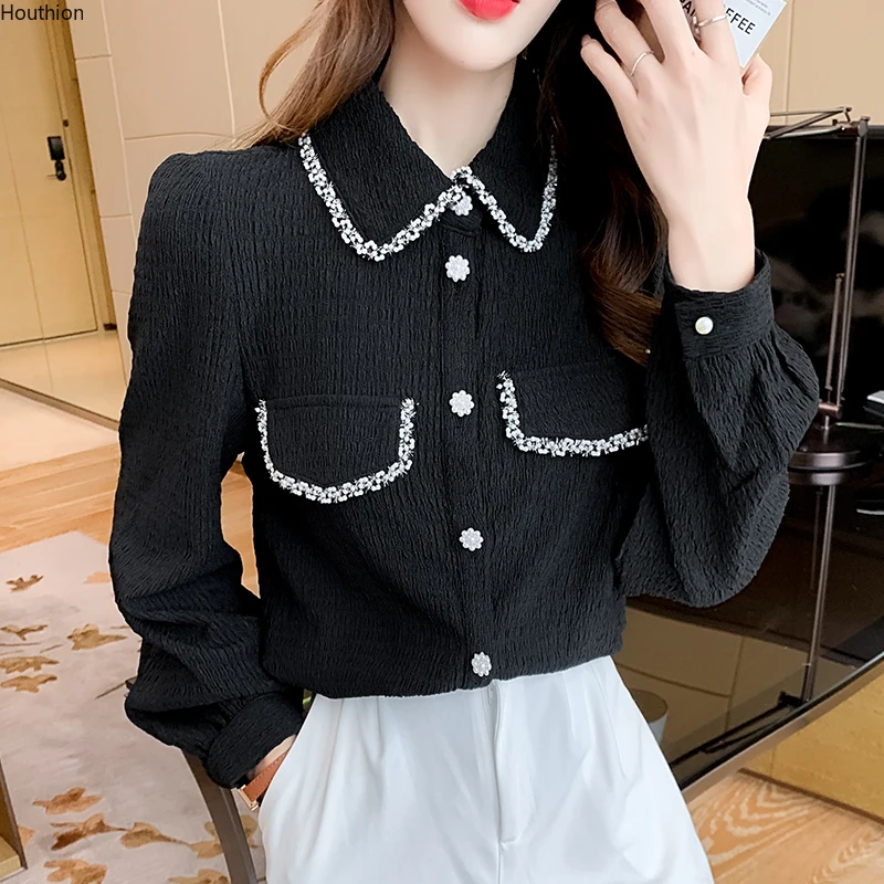 

Женская шифоновая блузка-поло с длинным рукавом, свободного покроя