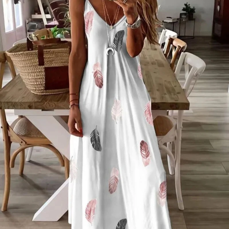 

Женское облегающее платье без рукавов, длинное платье на бретельках с глубоким V-образным вырезом и принтом в виде перьев, лето 2023