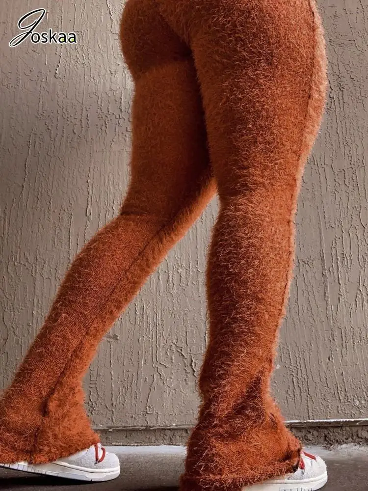 

Joskaa Knit Solid Micro Flared Pants Women Hipster Elastic Waist Tight Trousers 2023 Winter Casual Warm Fluffy Pants Streetwear