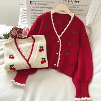 autumn winter new v neck flower embroidered cardigans knit wear sweet puff sleeve short mujer chaqueta cherry sweaters women