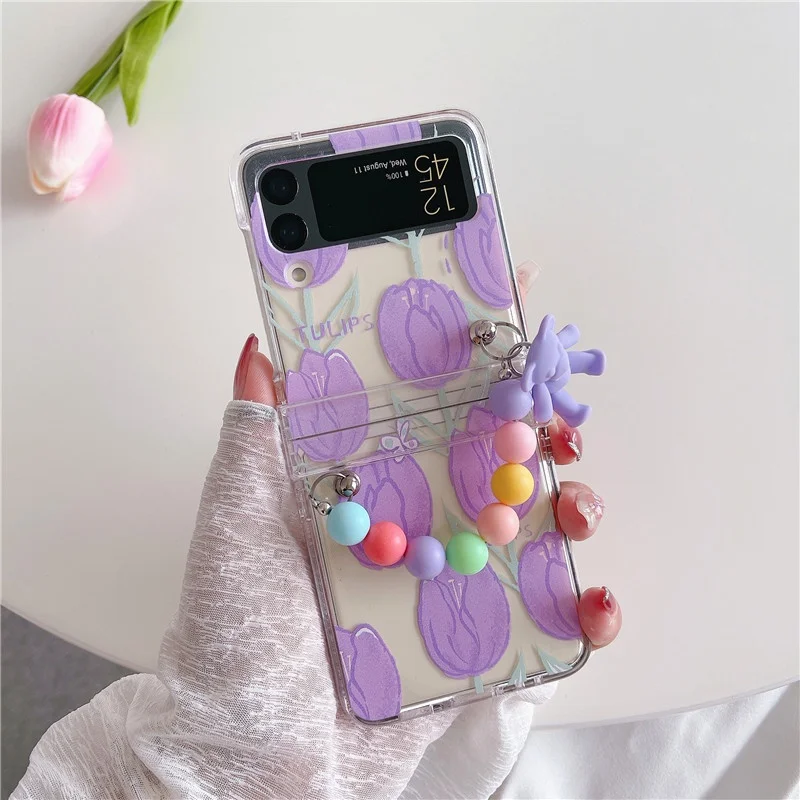 

Cute Flower Bear Pendant Phone Case For Samsung Galaxy Z Flip 3 Cover Fashion Crossbody Bead Chain Cases For Z Flip3 5G