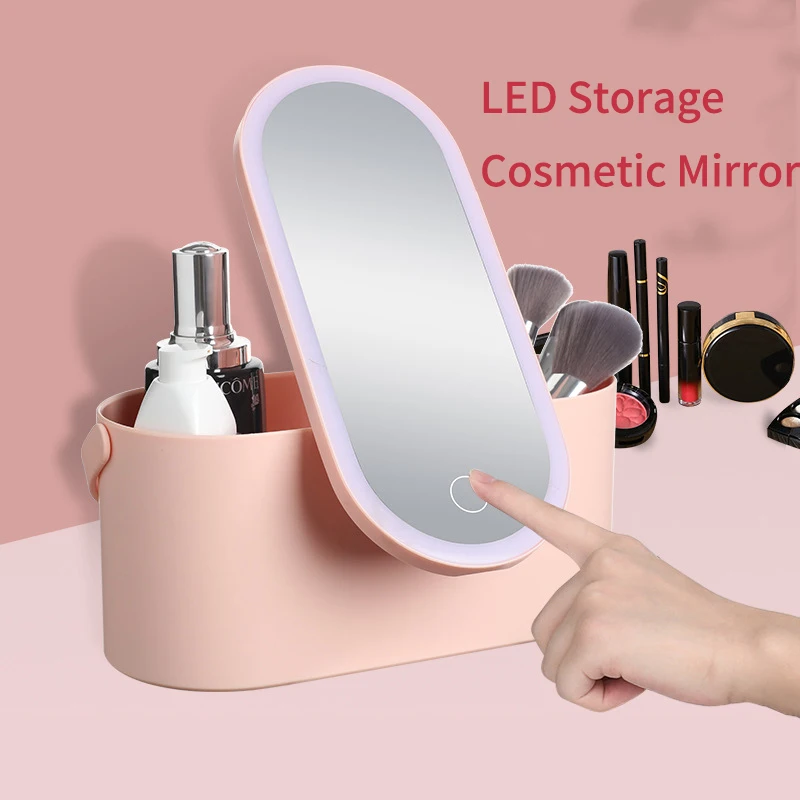 

Makeup Organizer Box with LED Light Mirror Portable Travel Makeup Cosmetics Organizer Touch Light Storage Makeup Case