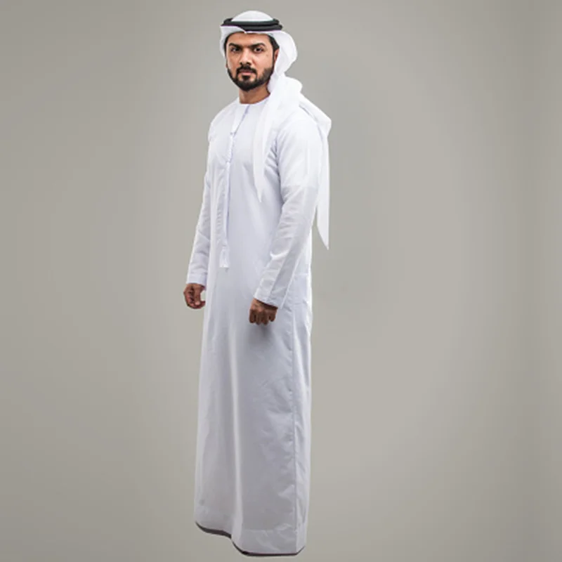 Traje nacional homem muçulmano roupas branco jubba thobe manga longa vestes dubai oriente médio árabe islâmico kaftan headwear