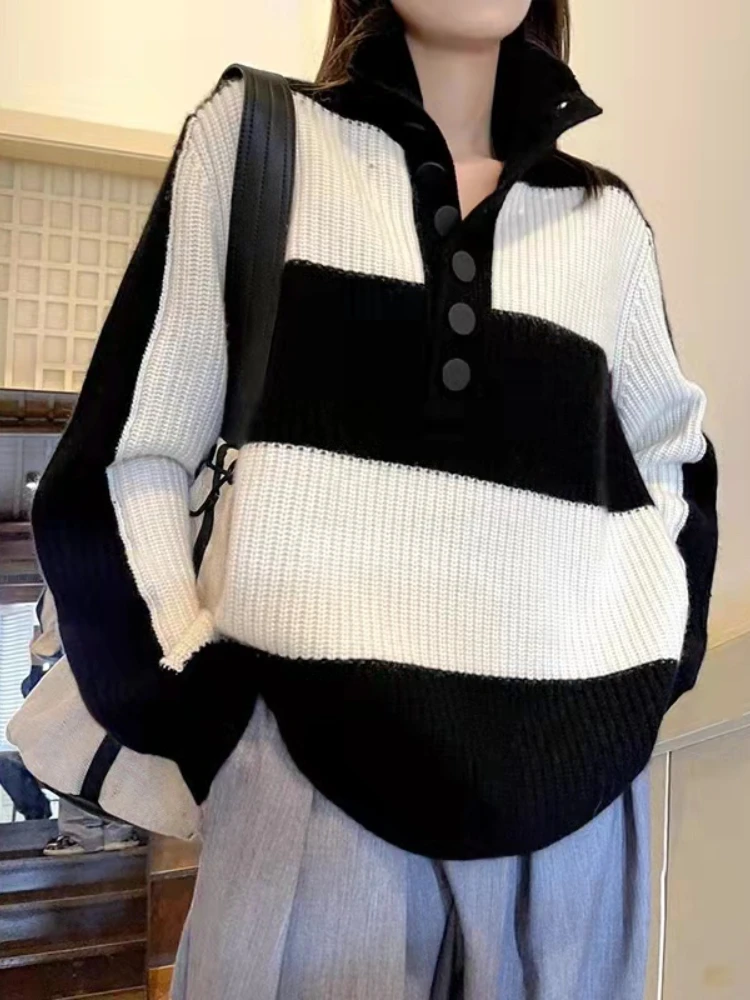 

Striped Sweater Buttons Turn-down Collar Women's Sweater Fashion Keep Warm Knit Top New Autumn and Winter Thick LOOSE Pullovers