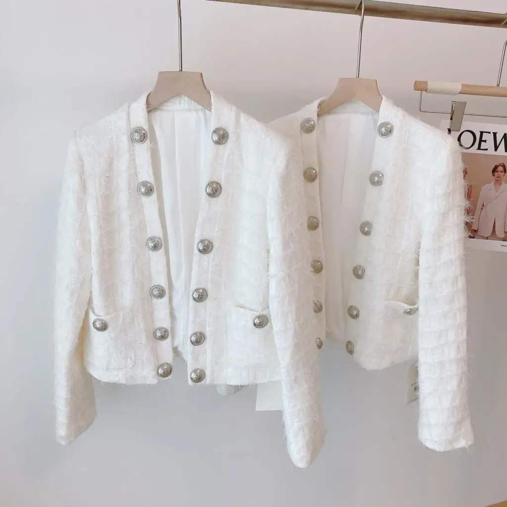 Женская твидовая куртка маленькая парная двубортная с металлическими вставками