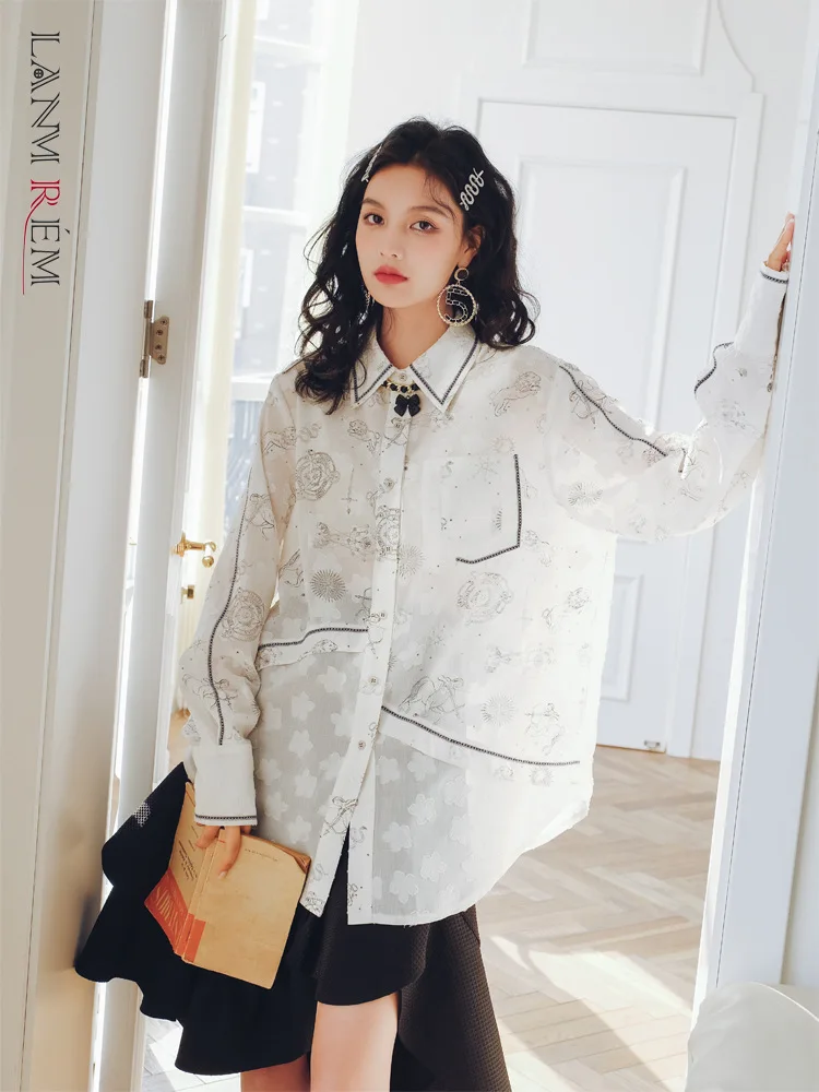 

LANMREM Printing White Shirt Women's Lapel Long Sleeve Flower Loose Shirt Retro Top Fashion 2022 Summer Autumn 2R3680
