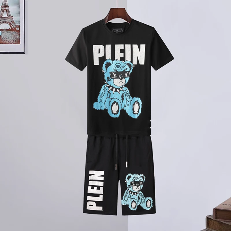 

Summer Men'S T-Shirt + Shorts 2-Piece Suit Casual Cotton Bear Brand Men'S Luxury Male Crewneck Set Quality Training Sportswear