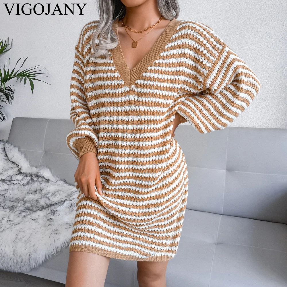 

VigoJany Women Solid Stripe Sweater Dress 2022 Autumn Winter Puff Long Sleeve V Neck Mini Knit Dress Ladies Knitted Belt Dress