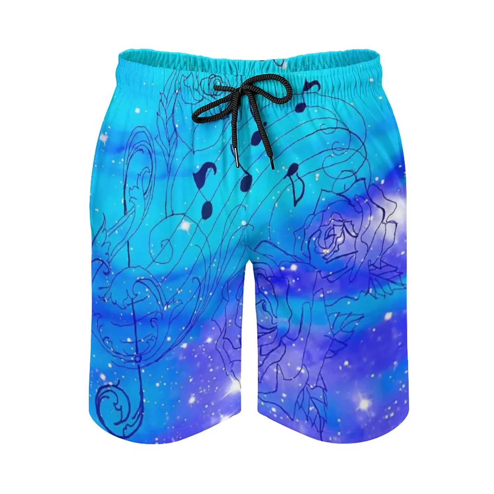 

Space Music Men's Beach Shorts With Mesh Lining Surfing Pants Swim Trunks Galaxy Music Roses Treble Clef Stars Blue Galaxy