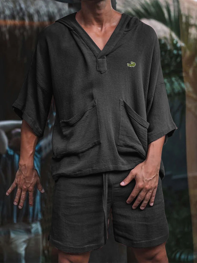 

Fashion Men Two Piece Set Casual Cotton Linen Solid Loose Outfits Summer Half Sleeve V-Neck T-Shirt And Shorts Suits For Mens