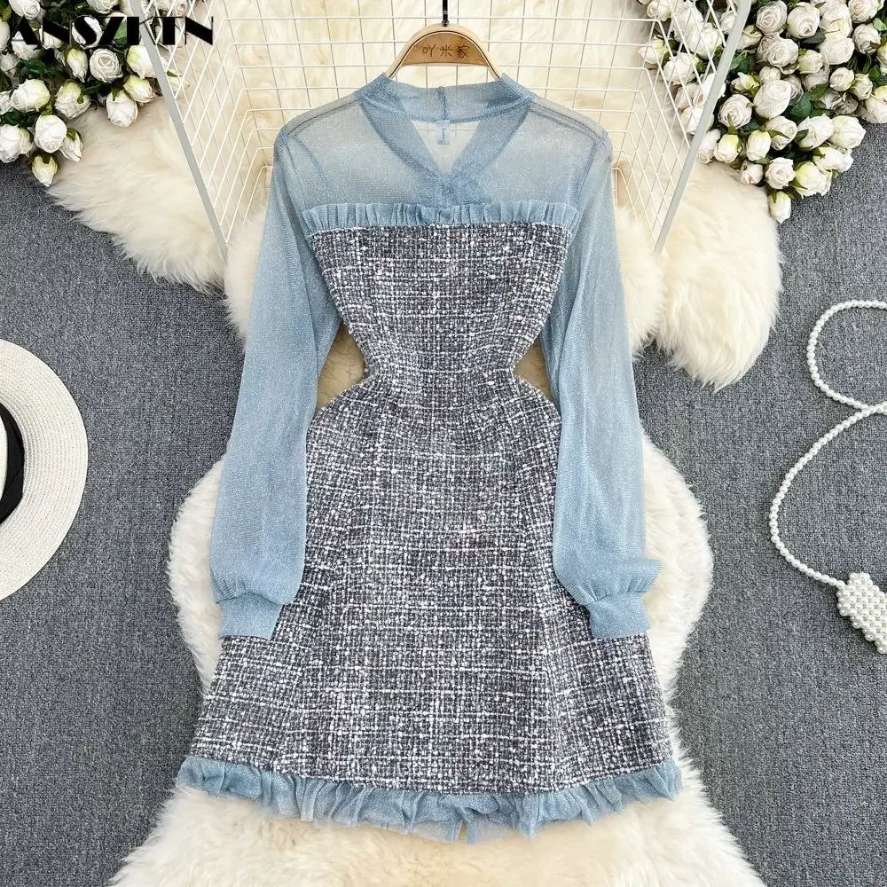 Осеннее твидовое решетчатое платье с маленьким ароматом и галстуком-бабочкой