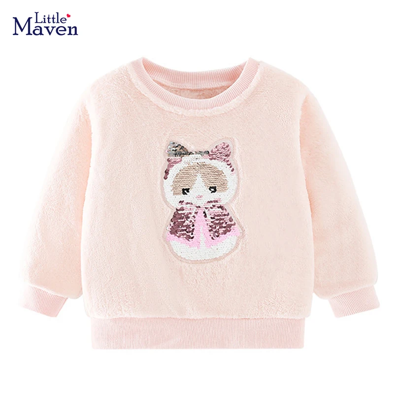 

Little maven 2023 Baby Girls Autumn Sweatshirt Fleece New Fashion Tops with Sequin Cat Lovely Children Casual Clothes Kids