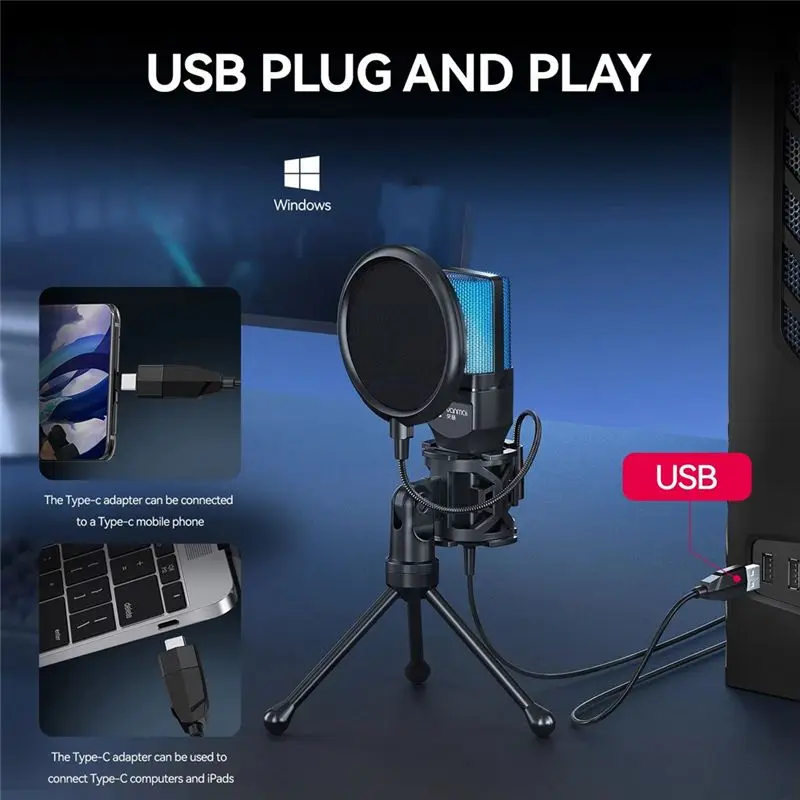 Фото Игровой микрофон Yanmai Tripod RGB с USB-подключением для живой записи, с интеллектуальным шумоподавлением, для мобильных устройств, ПК, ноутбуков, стриминга №5