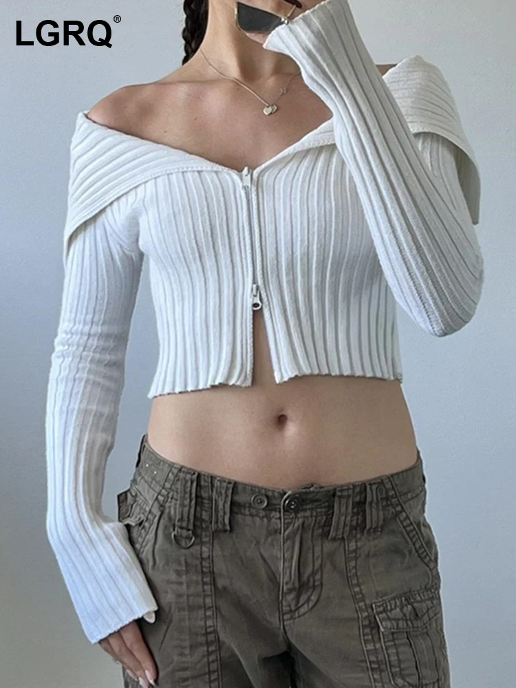 

DEAT Fashion Women's Sweater Big Lapel Slim Pit Zipper Long Sleeve White Short Knitted Cardigan Spring 2023 New Trendy 19J3091