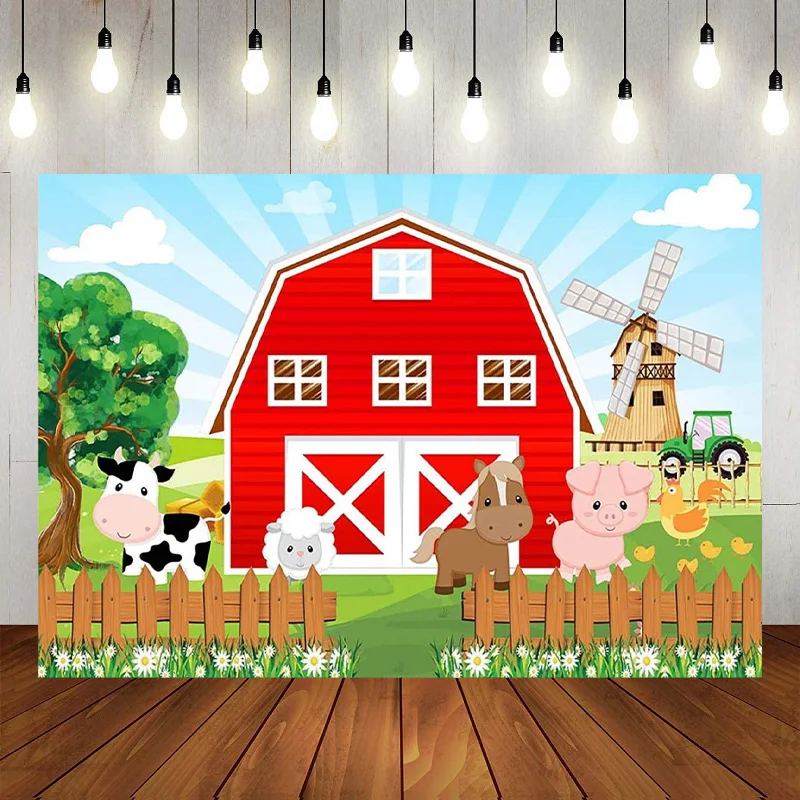 

Farm Rustic Animals Green Grass Red Farm Door Red Barn Backdrop Happy Birthday Party Photography Background Banner Decoration