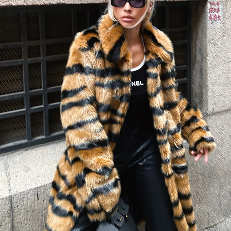 

Зимнее шерстяное пальто с имитацией меха тигра, модная уличная одежда, теплые свободные женские куртки, Повседневный Кардиган на пуговицах ...