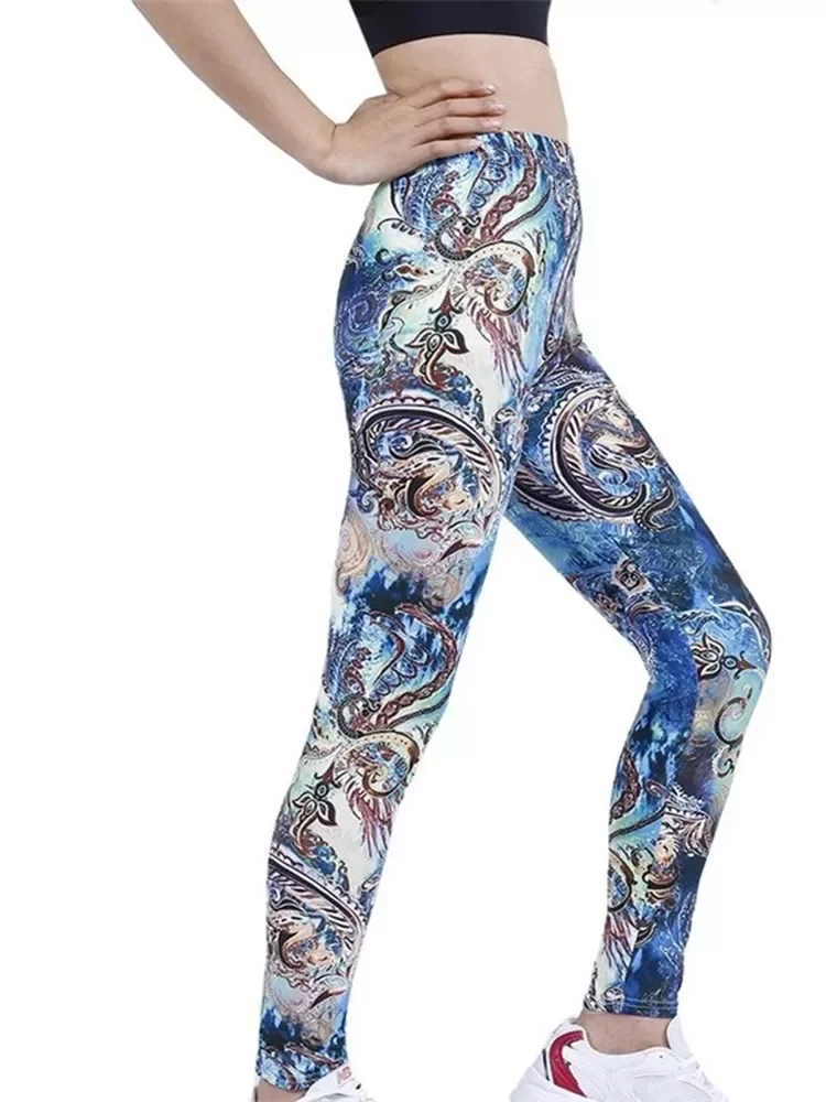 Sports Leggings Women Sexy Gym Fitness Pants Push Up Running High Waist Blue Graffiti Print Elastic New Knitted Bottom