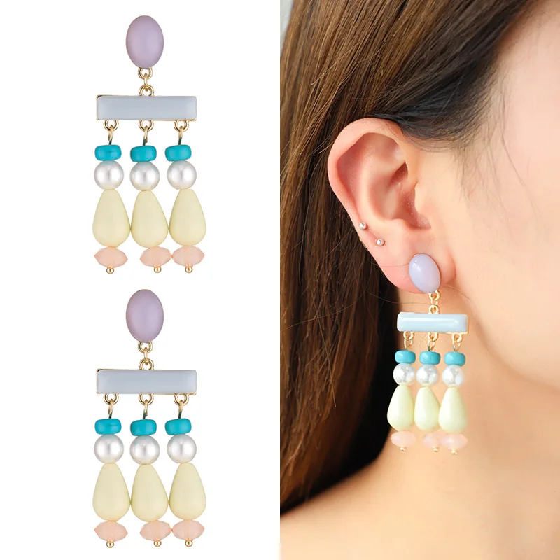 

Tassel Beaded Stainless Steel Hoop Earrings for Women Geometric Pearls Earrings Bohemia Earrings Fashion Jewelry