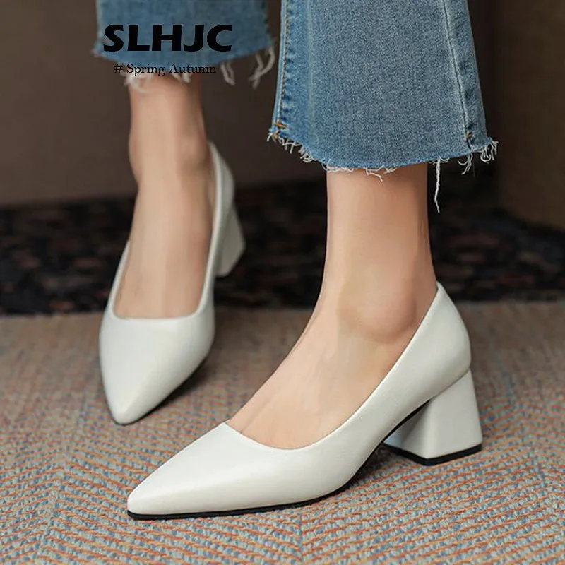 

SLHJC OL Style Leather Pumps Shoes Women Office Job Shoes Mid Block Heels Pumps For Spring Autumn Pointed Toe 5 cm