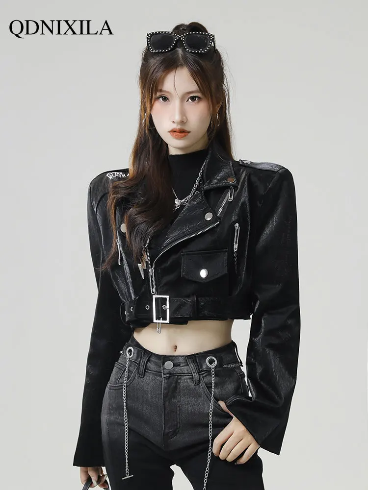 Women's Moto Biker Zipper Jacket Y2k Street Spicy Girl PU Leather Jacket Short 2023 Spring Jacket Women New Outerwear Top Women