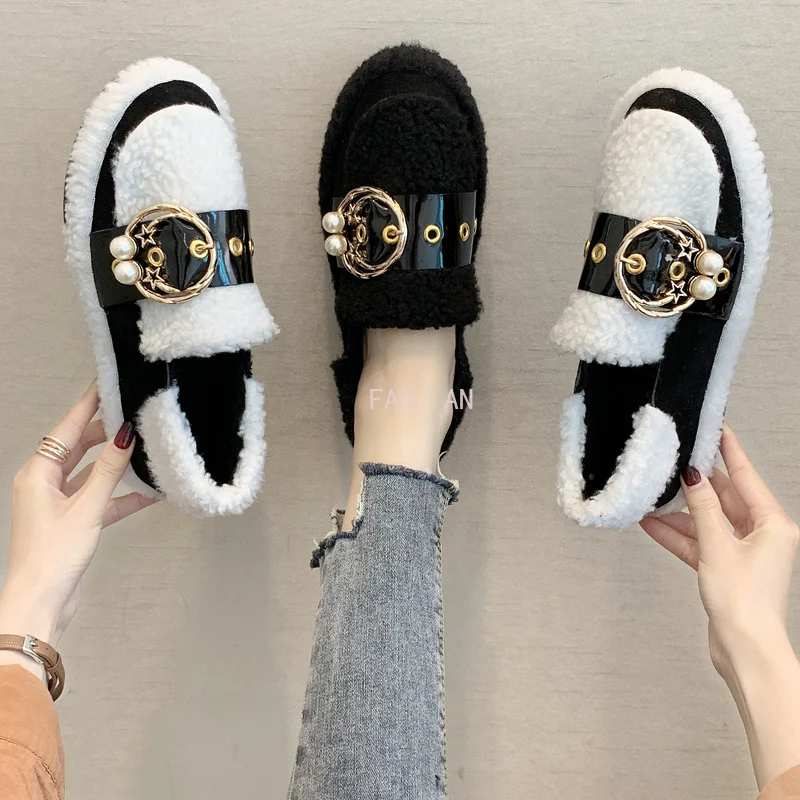

2021 Flats Round Toe Loafers Fur All-Match Mixed Colors Women's Casual Female Sneakers Dress New Winter Womens Shoes 35-40