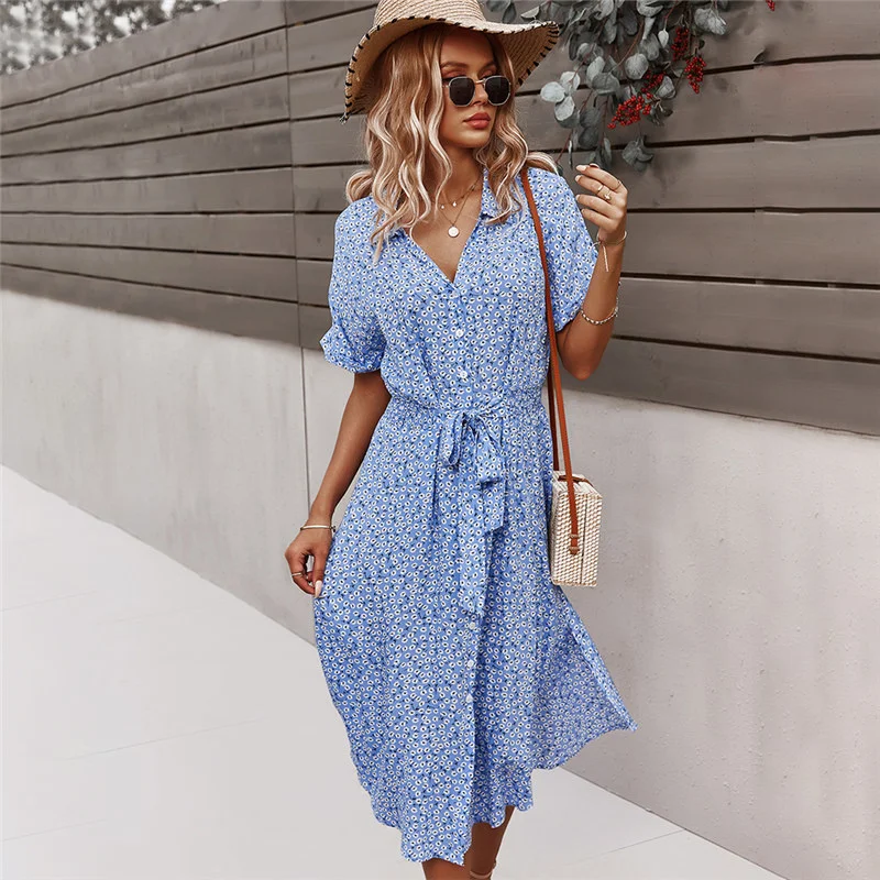 

Woen Floral Dress 2023 Suer Casual Short Sleeve Button Holiday idi Dresses Feale V-Neck Beach Boho Chic Dress Robe