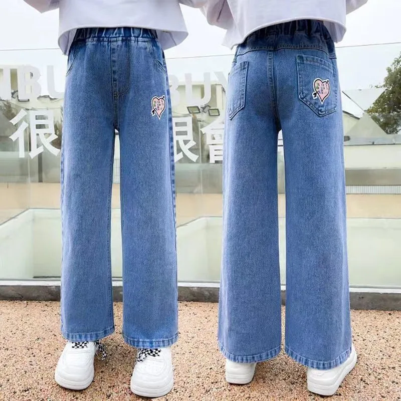

Весенние джинсы для девочек, новинка 2022, свободные брюки с широкими штанинами, модные Универсальные школьные детские брюки для подростков, ...