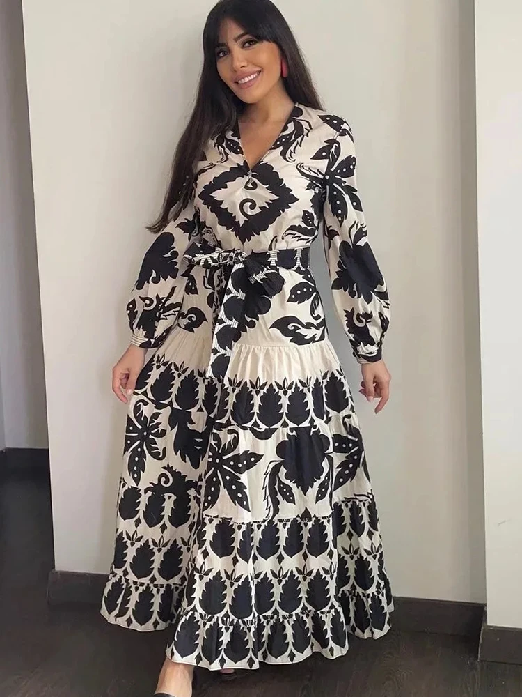 

KLKXMYT TRAF женские 2022 модные элегантные платья средней длины с принтом для женщин винтажные женские платья с длинным рукавом и поясом Vestidos