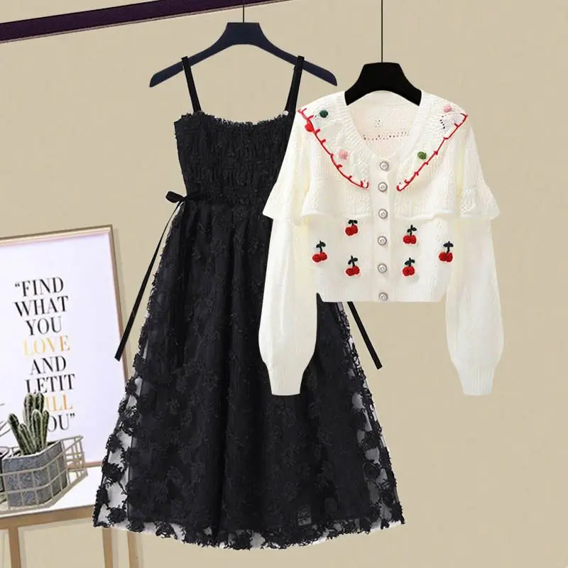 

Large Size Women's Spring Autumn Suit Women's 2023 Korean Casual New Knitted Sweater And Straped High Waist Dress Two-piece Set