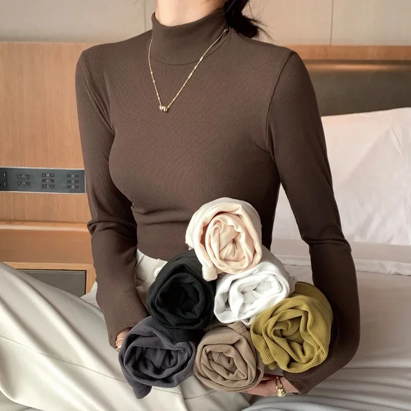 

Женский винтажный пуловер в стиле Харадзюку, однотонные корейские топы, тонкая эластичная элегантная шикарная трикотажная нижняя рубашка с полувысоким воротником, Осень-зима
