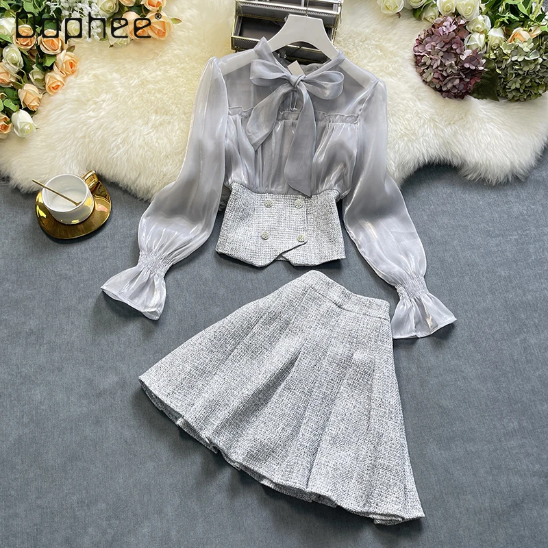 Women's Elegant Skirt and Blouse Sets 2022 Spring New High-Grade Shirt and Pleated Skirt for Women Light Gray 2 Piece Set Outfit