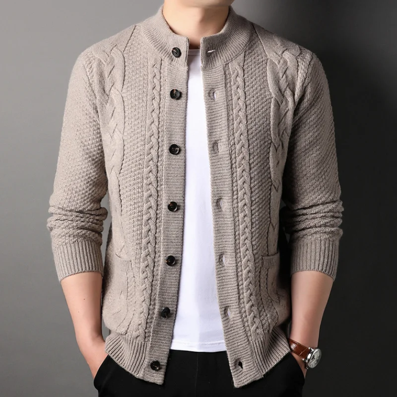 

Cardigan Mens Sweater Luxury Stand Collar Single Breasted Solid Color Spring and Autumn Computer Knitted Male Sweaters 3XL